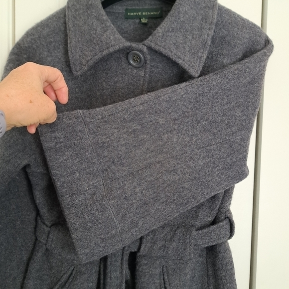 HARVE BENARD 100% wool jacket sweater 3/4 sleeves grey button belted SZ LG - Picture 4 of 7